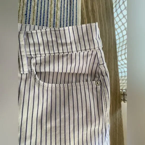 FRAME Le Palazzo Crop High-Rise Striped Wide-Leg Womens Jean White Blue Raw 29 - Picture 10 of 15